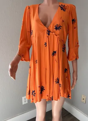 Free People Mini Dress Surplice Wrap Floral Boho Hippie Peasant Orange Bell Sz M thumbnail 1