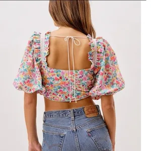 For Love & Lemons Multi Color Floral Claude Puff Sleeve Crop Top Size XS thumbnail 2