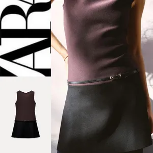 Zara NWT 2025 collection BLACK/BROWN sleeveless BELTED KNIT MINI DRESS S thumbnail 4