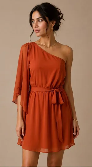 AUW One shoulder dress, Rust color, elastic back, hip sash size L, Knee length thumbnail 1