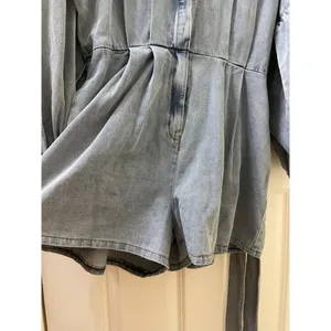 NWT Mable Denim Balloon Sleeve Rompe Sz L Tie Waist Shorts Cotton Boho Western thumbnail 9