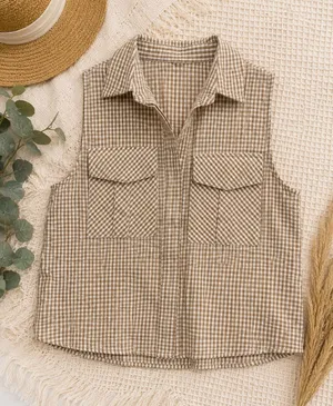 Sim & Sam Sleeveless Gingham Button Front Top in Beige thumbnail 1