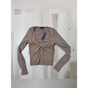 Lulus NWT Women Small Brown Ribbed Long Sleeve Twist-Front Top Fall Minimalist thumbnail 3