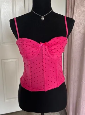 Pink polka dot corset top with bow detail thumbnail 1