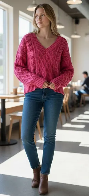 American Eagle Outfitters Pink Cable V-Neck Sweater thumbnail 1