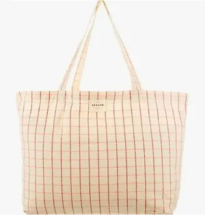 Sézane Cream Pink Maroon Plaid Tote Bag thumbnail 1