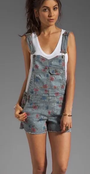 Free People Floral Hickory‎ Stripe Denim Shortalls Blue White Pinstripe Size 8 thumbnail 1