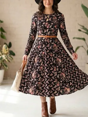 UNBRANDED Broomstick mixed print ditzy floral tea rose round neckline size L thumbnail 1