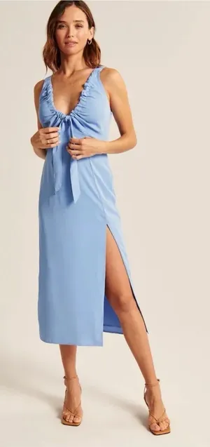 Abercrombie Cinched Neck Slip Midi Dress Blue M Petite thumbnail 1