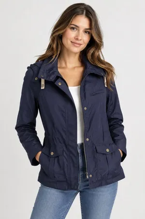 The Limited Womens S Navy Blue Utility Rain Jacket Hooded Lightweight Cargo Coat thumbnail 1