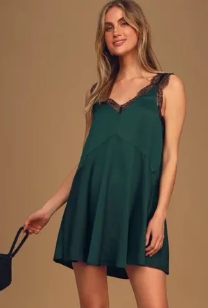 Lulus Forever My Love Emerald Green Satin Lace Sleeveless Swing Dress thumbnail 1