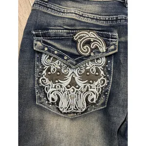 Telepatia Y2K Low Rise Wide Leg Jeans Rhinestone Embroidered McBling Sz 11 Diva thumbnail 6