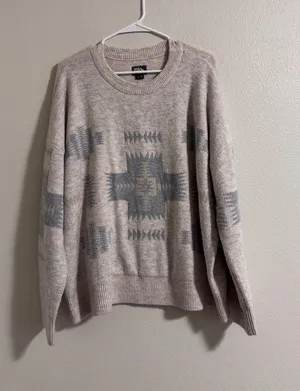 Eddie Bauer Beige Crewneck Sweater with Gray Aztec Motif thumbnail 1