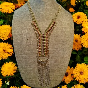 Gold tone faceted bead Y drop tassel necklace thumbnail 1
