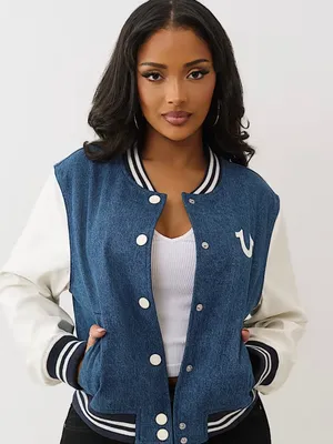 NWT True Religion $239 crystal wing denim varsity jacket Large Blue White Small thumbnail 1