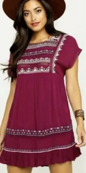 Free People Women’s Size S Sunrise Wanderer Mini Boho Embroidered Dress Plum thumbnail 1