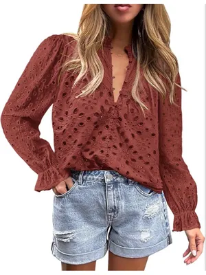 NEW Long Sleeve Button V Neck Hollow Out Lace Embroidered Shirt S thumbnail 1