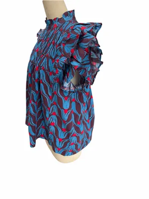 Oliphant Pintuck Blue and Burgundy Floral Ruffle-Sleeve Blouse large thumbnail 5