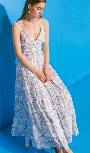 NEW Flying Tomato White Blue Lace Tiered Dress Grecian Vacation Resortwear thumbnail 1