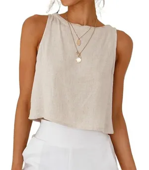 NWT Womens Linen Crop Tank Top Beige Sleeveless Button‎ Back Beach Summer Med thumbnail 1