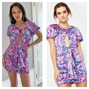 For Love & Lemons Tahiti Ruched Mini Dress Small Purple Floral Satin Cottagecore thumbnail 3