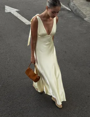 Zara Elegant butter yellow satin maxi long Dress evening party wedding thumbnail 7