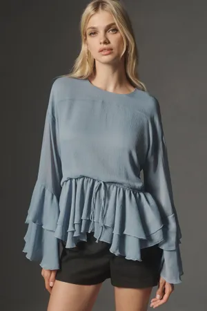 Anthropologie NWT Long-Sleeve Ruffled Tunic Blue Blouse. Size Small thumbnail 1