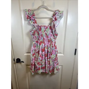 Entro Floral Smocked Mini Dress | Pink Ruffle Flutter‎ Sleeve Square Neck Large thumbnail 8