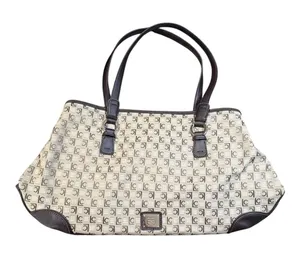 Liz Claiborne Tote Bag Womens Large‎ Beige Brown Monogram Jacquard Satchel Purse thumbnail 1