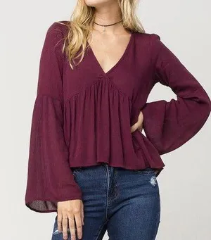 Full Tilt Dark Maroon Red Long-Sleeve V-Neck Peasant Blouse Top thumbnail 5