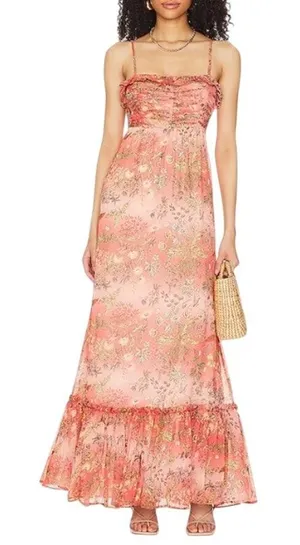 By TiMo Smocked Maxi Dress Floral Chiffon Ruffle Thin Straps Orange Medium NWOT thumbnail 1