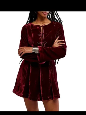 NWT free people Linney V-Neck Tie Front Long Sleeve Velvet Mini Dress thumbnail 2