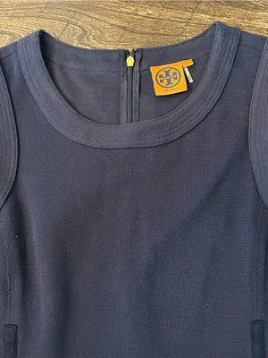 Tory Burch Addis Normandy Dress Womens Medium Navy Blue A-Line Pleated thumbnail 5
