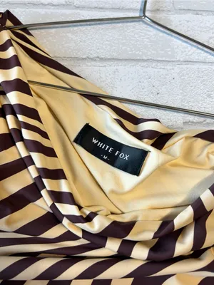 White Fox One-Shoulder Zebra Stripe Mini Dress in Cream and Brown thumbnail 4