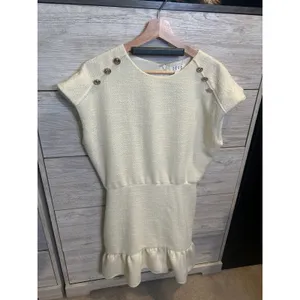 TCEC Maris Dress White Tweed Gold Button Shoulder Ruffle Hem Mini Dress Medium thumbnail 4