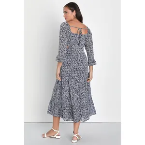 Lulus Blissful Sweetie Navy Blue Paisley Tiered Cutout Midi Dress Size XS thumbnail 6