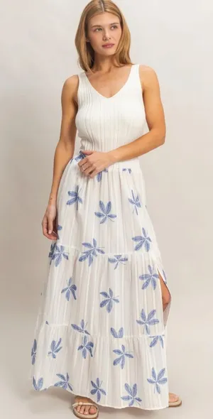 HYFVE Blue Botanical Vacation Tiered Maxi Skirt Side Slit Large thumbnail 1