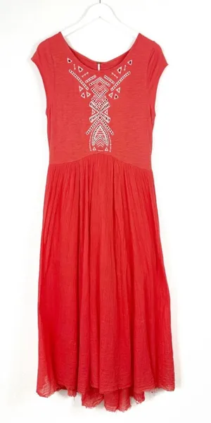 Free People cotton boho Meadows Toosaloosa Slub gauzy embroidered dress coral SZ thumbnail 1
