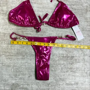 New Fashion Women’s Large Hot Pink Metallic Bikini Swimsuit Thong Rave Festival thumbnail 2
