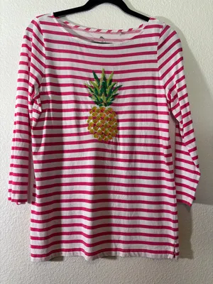Tommy Bahama Womens Size S Pink White Striped Pineapple 3/4 Sleeves Boatneck Top thumbnail 1