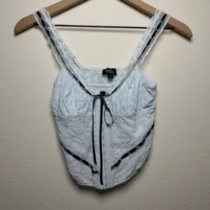 Women Coquette 100% Cotton Top XS Blue Eyelet‎ Lace Ribbon Corset Fairy thumbnail 2