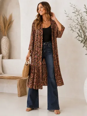 Floral Open Front Kimono NWT Boho Long Duster Swim Cover Up NWT thumbnail 7