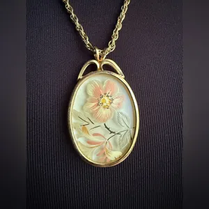 Vintage floral round cameo long gold chain necklace thumbnail 4