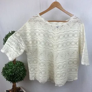 Free People White Sheer Crochet Lace Short Sleeve Top M thumbnail 2