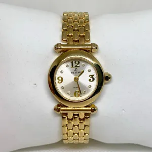 Westar Swiss Eb women’s watch gold tone 25mm quartz analog links band 6”running thumbnail 1