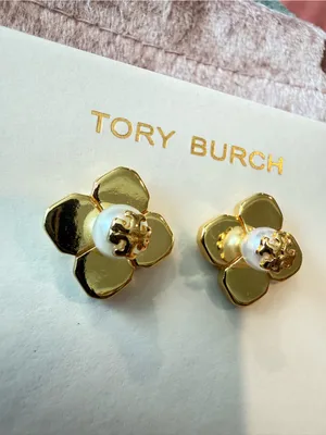 Tory Burch | Gold Plated & Pearl Clover & Logo Stud Earrings thumbnail 2