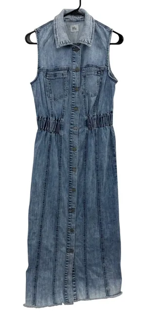 WASH LAB Dress Womens Size Small Blue Denim Sleeveless Button Front Maxi Raw Hem thumbnail 1
