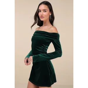 Lulus Nia Emerald Velvet Off-The-Shoulder‎ Mini Dress Size M thumbnail 3