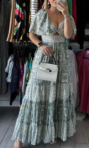 Abercrombie & Fitch twist-front tiered maxi dress green and white floral S thumbnail 1
