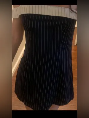 Cider Navy Pinstripe Off-Shoulder Mini Dress with Cream Trim thumbnail 3